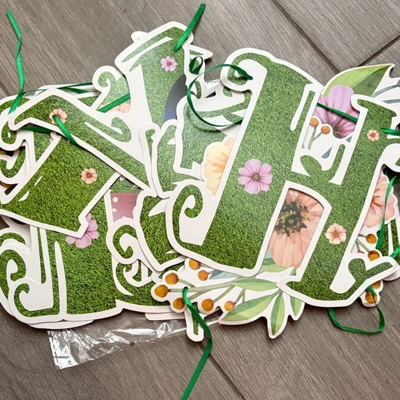 Happy Birthday Floral Green and White Banner and paper fans! - Picture 1 of 6